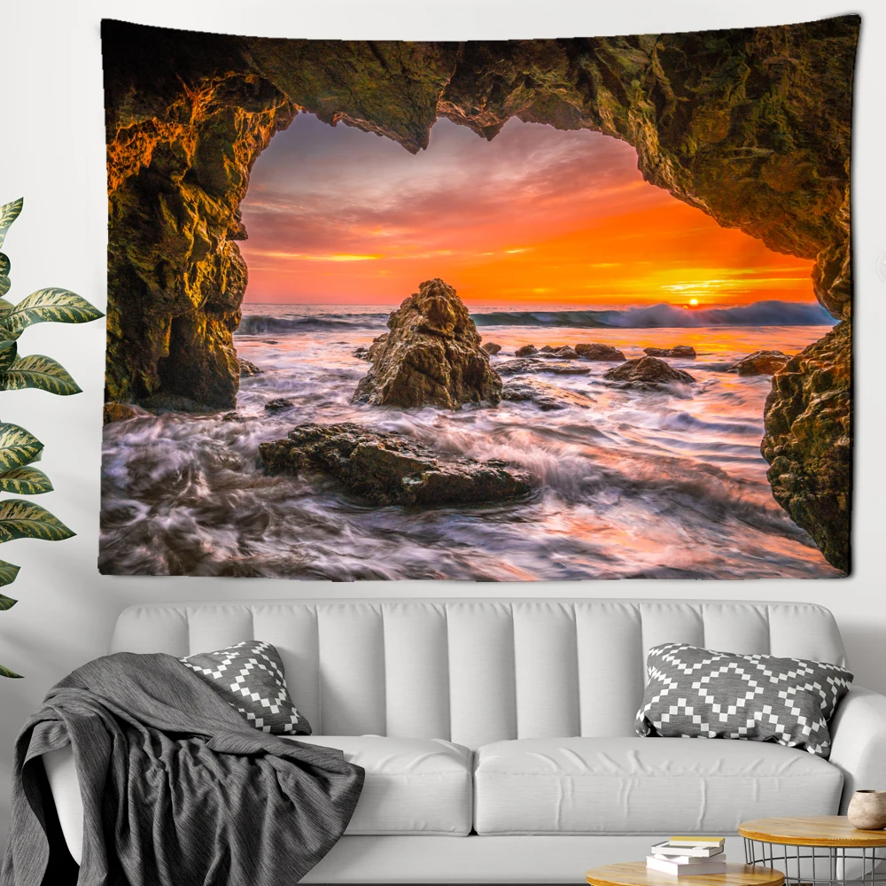 

Seaside Natural Landscape Tapestry Cave Beautiful Sunset Living Room Bathroom Wall Decorations Decor Gifts