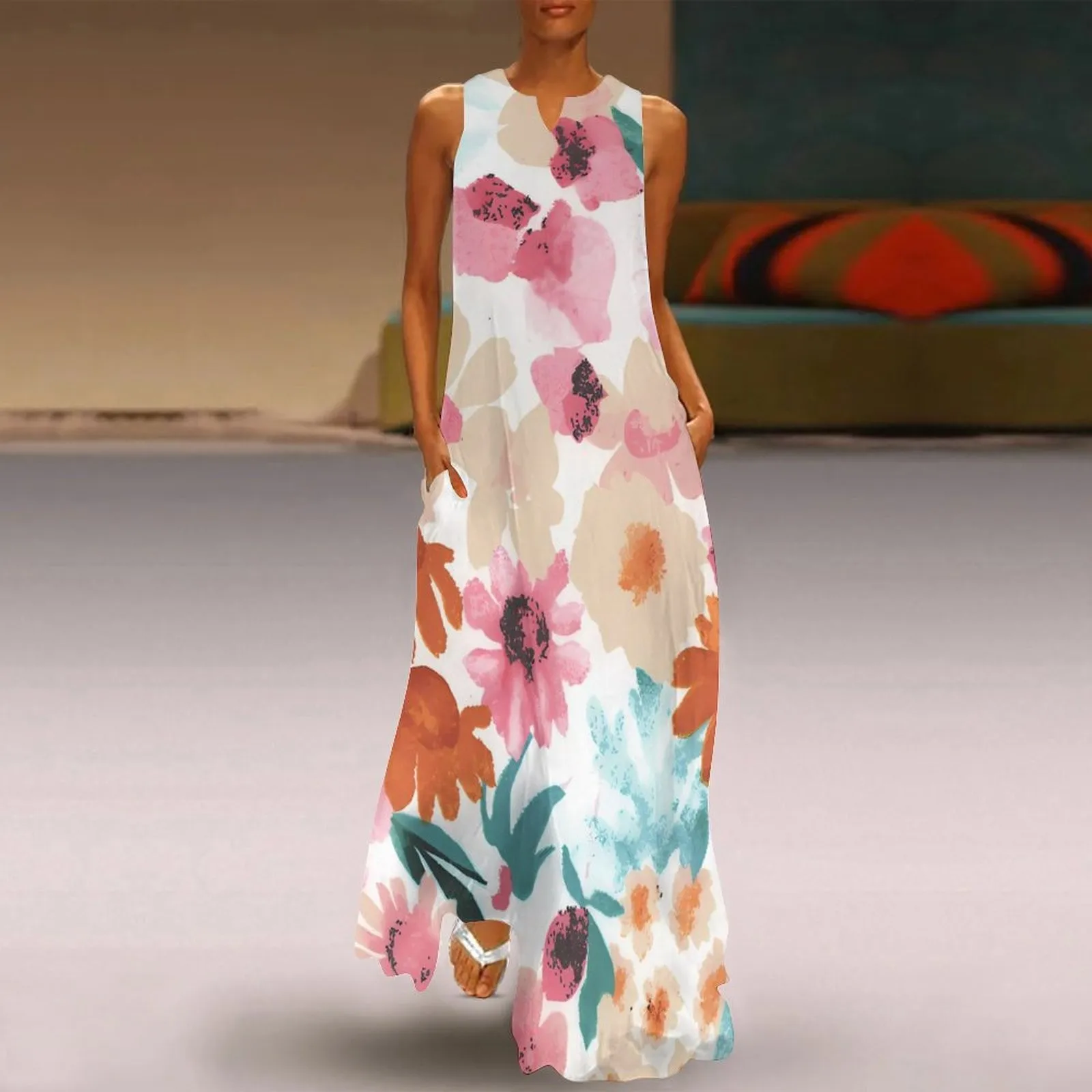 

Женское длинное платье без рукавов, Элегантное повседневное свободное платье с цветочным принтом и V-образным вырезом в богемном стиле, лето 2023