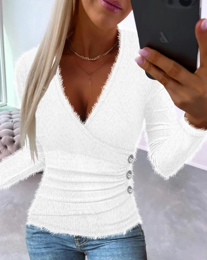 

Fashion Woman Blouse 2023 Elegant Commuter Slim Long Sleeve Top Ruched Buttoned Long Sleeve Fuzzy Top Daily Sexy V-Neck Blouse