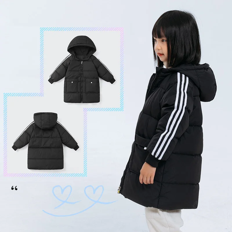 

Stripe 4-11 Year Kids Jackets Zipper Warm Thickening Long Down Jackets for Girls New Fashion Outdoors Winter Coat for Baby Girl