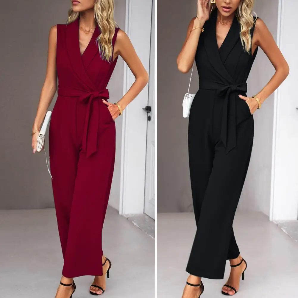 

Elegant Jumpsuit Stylish Women's V-neck Sleeveless Jumpsuit with Wide Leg Belted High Waist for Summer Work or Casual Wear