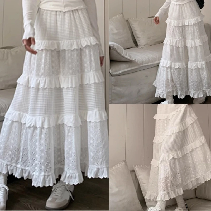 

Womens Elastic High Waist Tiered Ruffled Lace A Line Long Skirt Hollowed Out Spliced Beach Loose White Swing Skirts