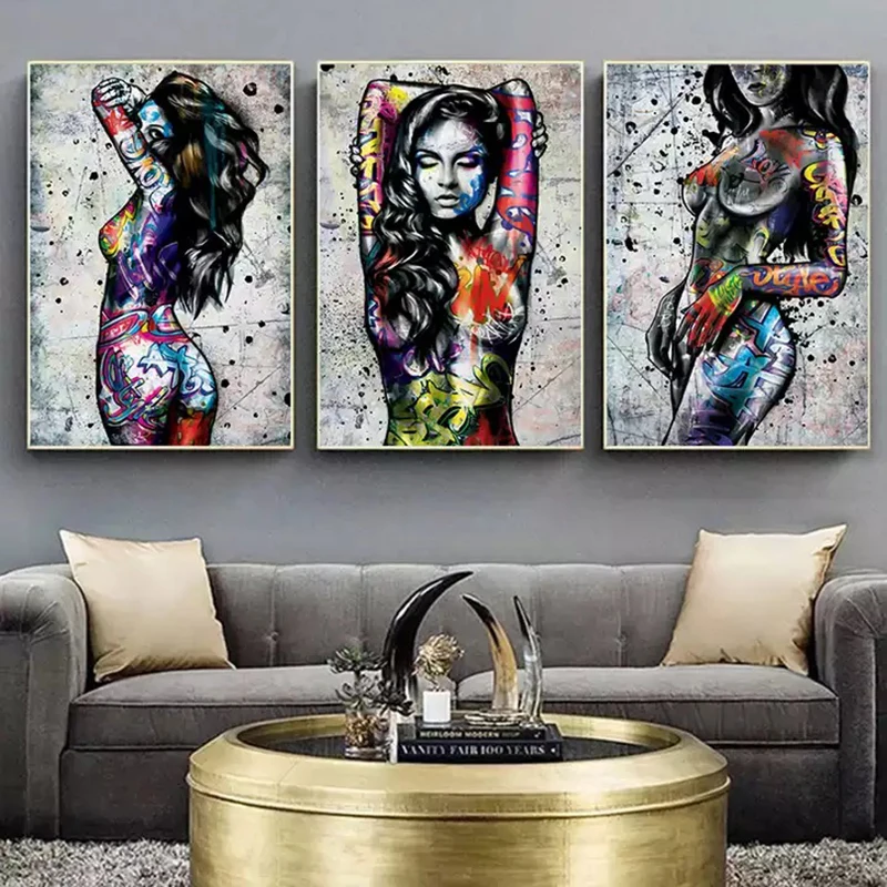 

Художественные абстрактные постеры на холсте с изображением сексуальной девушки телесного цвета и граффити, настенные художественные картины для спальни, гостиной, домашний декор