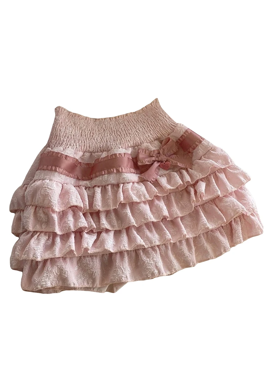 

Women s Lolita Mini Skirts Cute High Waist Bow Layered Ruffle Hem A-Line Short Skirts