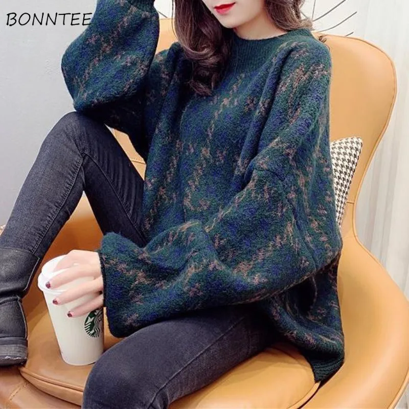 

Pullovers Women Vintage Knitted Baggy Lazy Streetwear Casual O-neck Fashion Lantern Sleeve Ulzzang Females Warm Свитер Женский