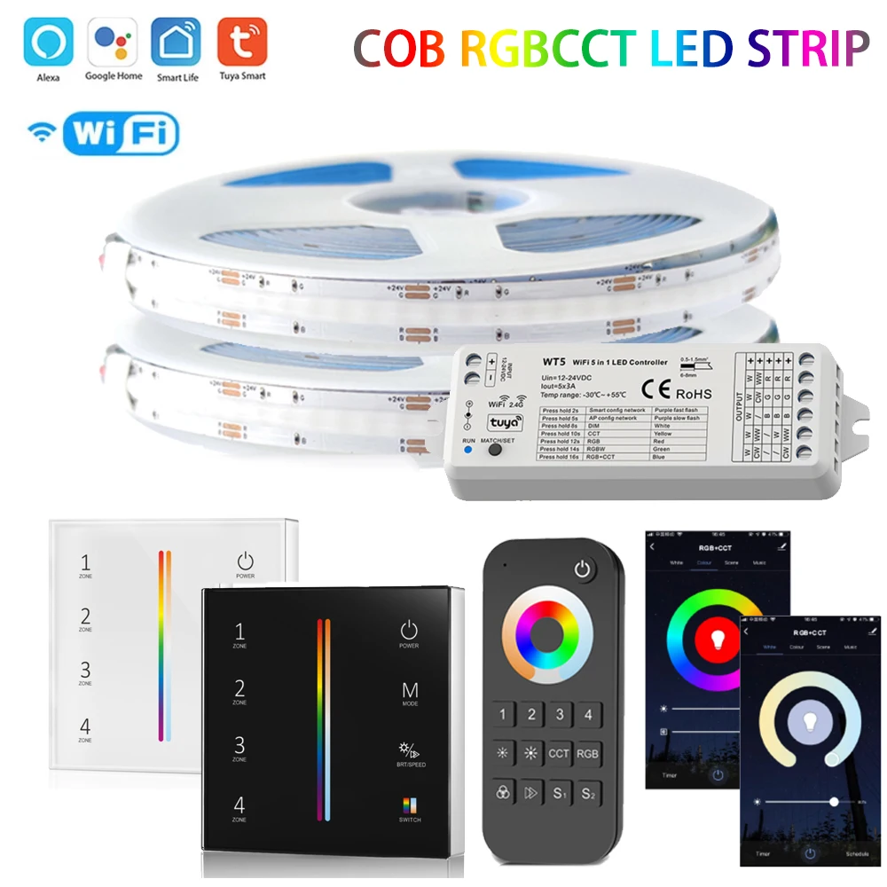 

COB RGBCCT LED Strip 6Pin 840leds/m DC24V Light WT5 Wifi WZ5 Zigbee 5 in 1 LED Controller 2.4G RF Remote Work With Alexa Google
