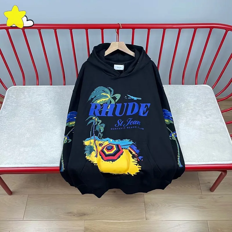 

23FW Apricot Black Oversized RHUDE Sweatshirts Men Women 100% Cotton Coconut Tree Beach Printing Patchwork Rhude Hoodie With Tag