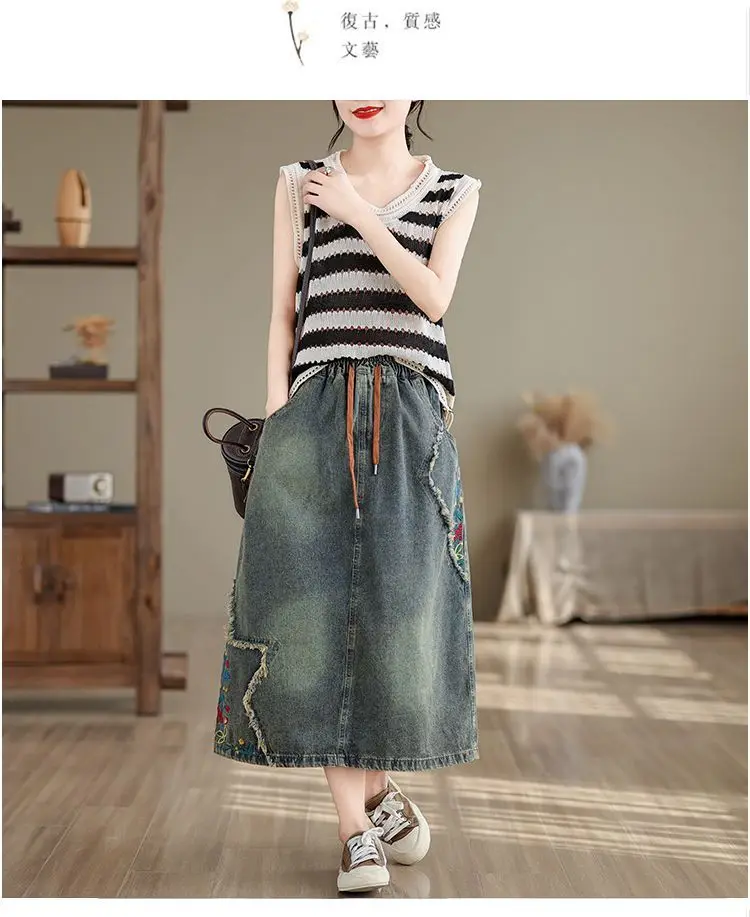 High waist Embroidered Denim Skirt For women Spring Summer 2026 Loose Elastic waist tie Versatile A-line Long Skirts Female 13 S1652165bc19b43c6bb793ae7d156f3aeb
