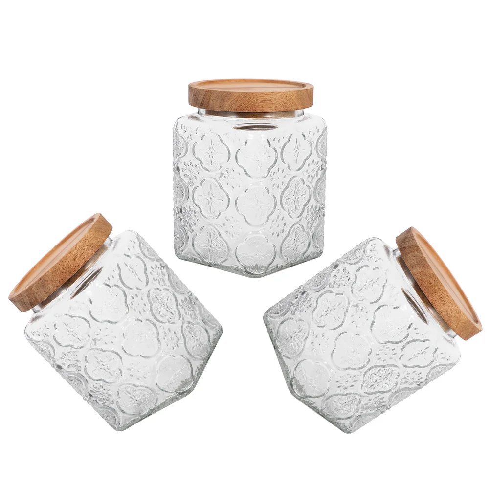 3 Pcs Glass Containers Jar Canisters with Wood Lids Tea Dried Fruit Sugar Grain Storage Tank 
3 Pcs Glass Containers Jar Canisters with Wood Lids Tea Dried Fruit Sugar Grain Storage Tank