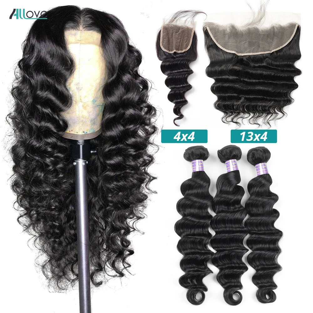

Allove Loose Deep Wave Bundles With Closure Brazilian Human Hair Weave Bundles With Frontal Remy Human Hair Extensions For Women
