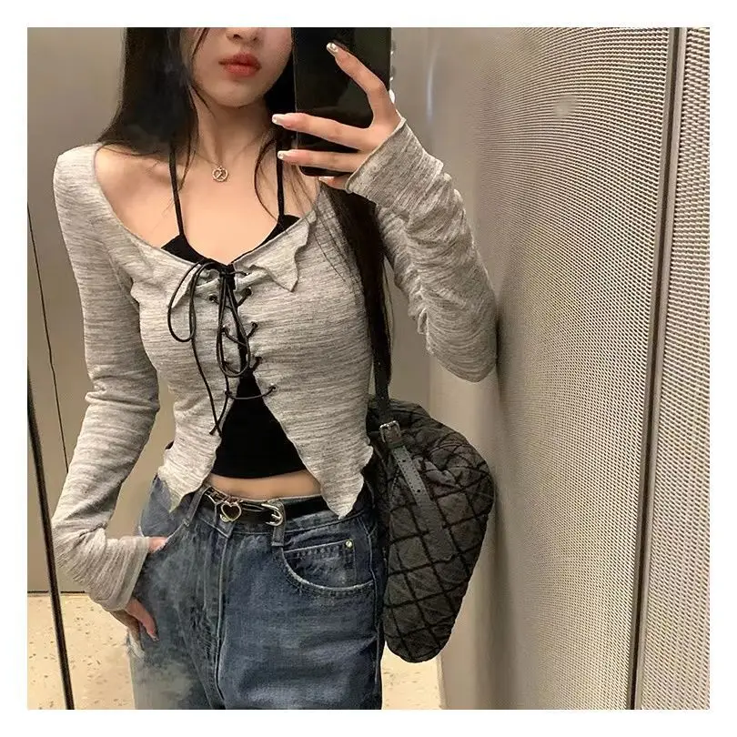 Two Pieces Sets T-shirt Women Spring Summer Long Sleeve Lace-up Crop Top Korean Fashion Preppy Style Slim Tops Tees Y2k Clothes Two Pieces Sets T-shirt Women Spring Summer Long Sleeve Lace-up Crop Top Korean Fashion Preppy Style Slim Tops Tees Y2k Clothes