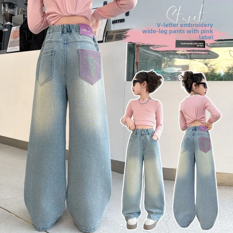 بنطلون جينز واسع الساق للفتيات بخصر مرتفع وطويل، ملابس أطفال عصرية متعددة الاستخدامات لفصل الخريف من ماركة يو بيجيا مع حزام مطرز بنطلون جينز واسع الساق للفتيات بخصر مرتفع وطويل، ملابس أطفال عصرية متعددة الاستخدامات لفصل الخريف من ماركة يو بيجيا مع حزام مطرز