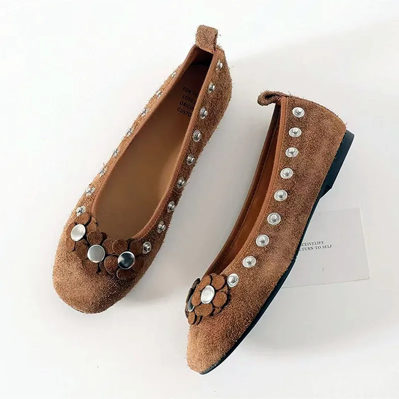 Brown Metal Button Flower Decoration Ballet Flats women Faux Suede Design Loafers Elegant Comfortable Mary Jane Shoes for Women 30 S165b7059e03d4301ad2bf7756db6673eN