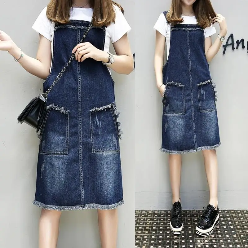 

Dark Blue New Streetwear Denim Suspender Skirt Women 2023 Causal Summer Knee Length Pockets Tassel Design Jeans Oversized 5XL