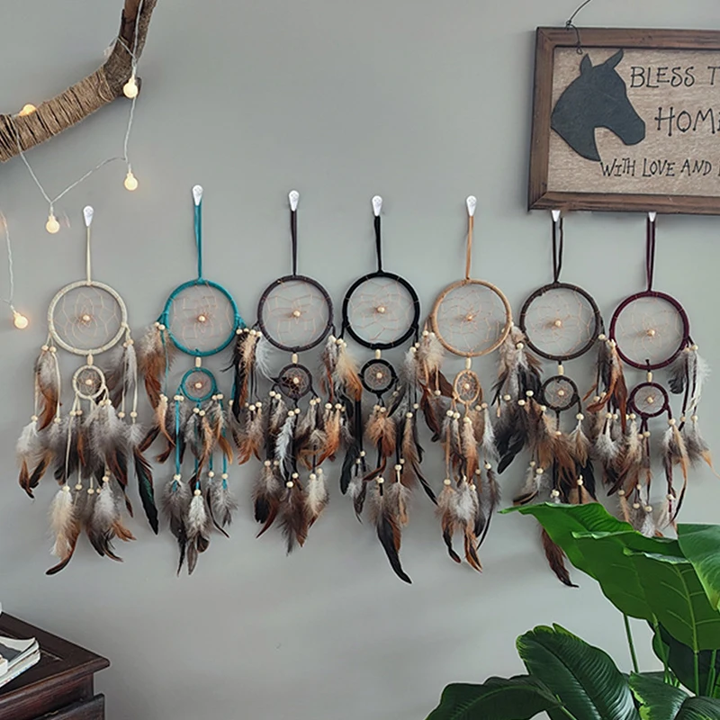 

1Pc Indian Dream Catcher With Brown Feathers Wall Hanging Dream Catcher Bedroom Accessories Wind Chime Dream Catcher Home Decor