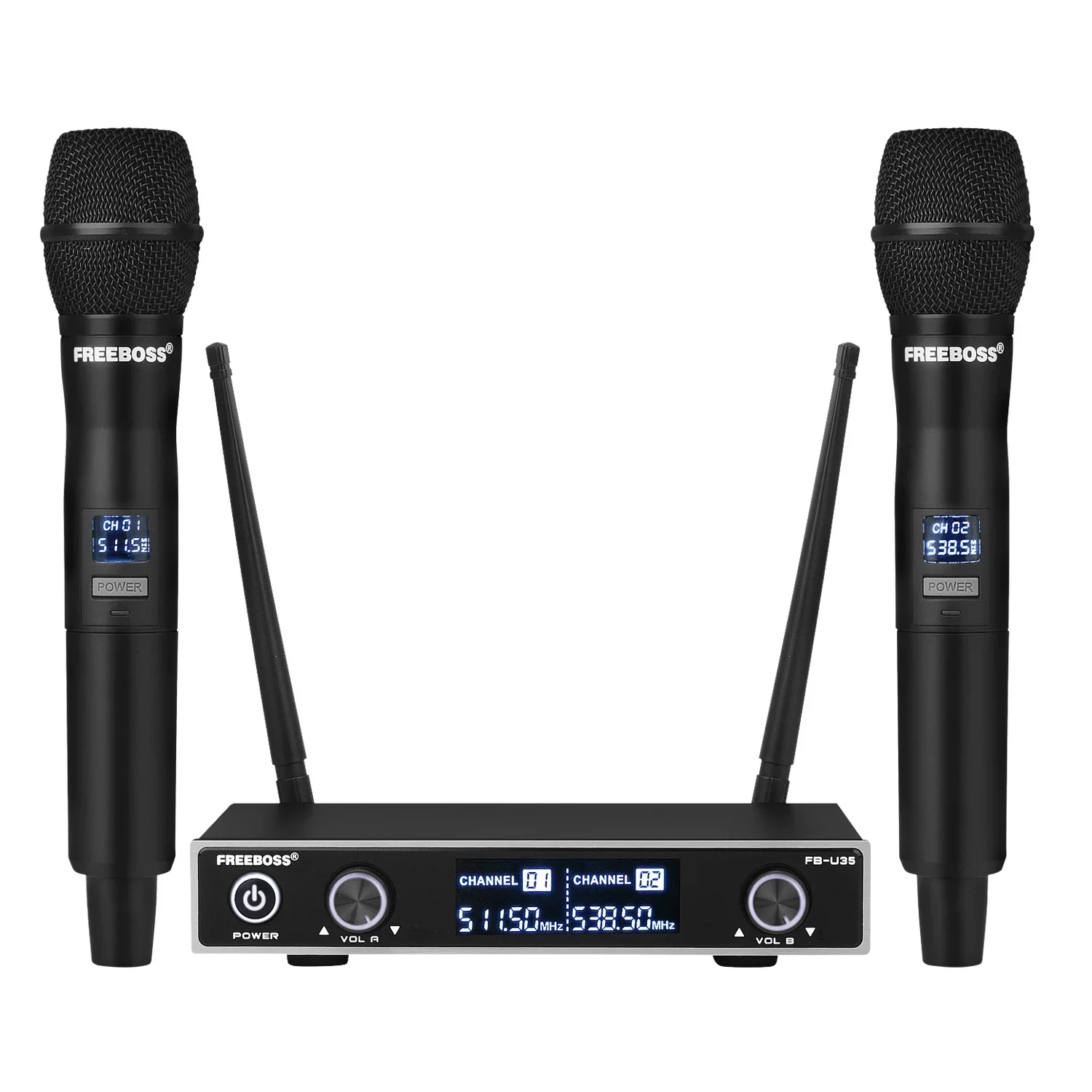 

FREEBOSS Dual Way Wireless Microphone System UHF Fixed Frequency Dynamic Mic with 2 Handheld for Karaoke Party Church FB-U35