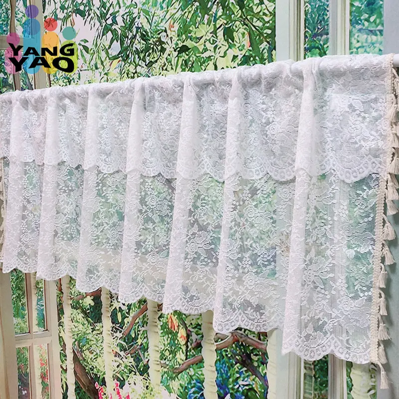 

Floral Rose Lace Window Curtain Valance Vintage Knitted Semi Sheer Rod Pocket Curtains for Kitchen Cafe Dinning Room 1Pc TJ9423