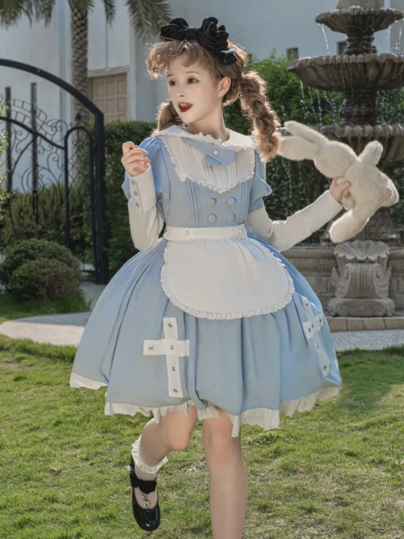 

MAGOGO Cross Oath Lolita OP Dress Women Cute Sweet Doll Collar Maid Dress Autumn Removable Long Sleeve Ruffles Princess Dresses