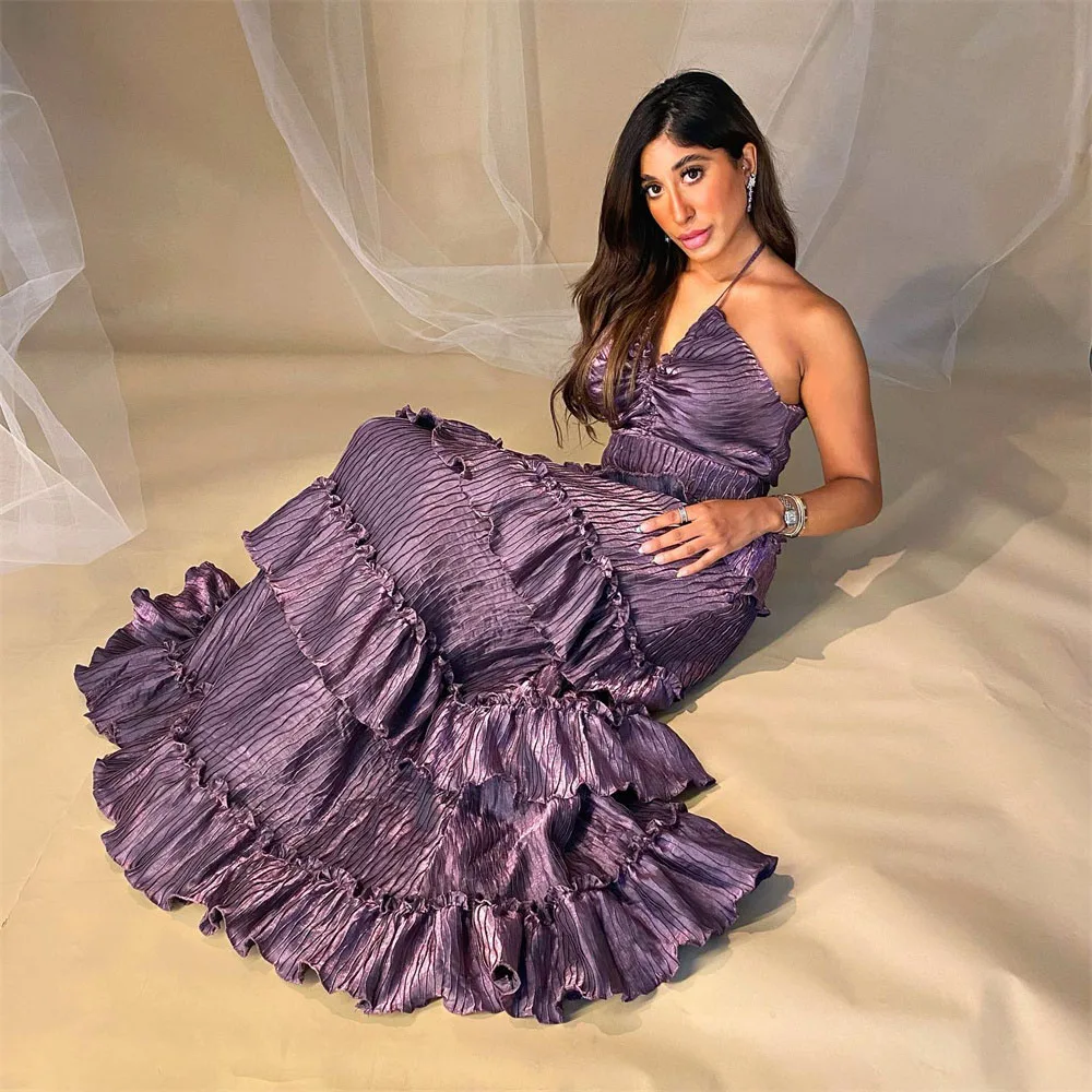 

Halter Prom Gown Tiered Ruffle A-line Party Dresses V-Neck Backless Sweep Train Pleat Evening فساتين للحفلات الراقصة