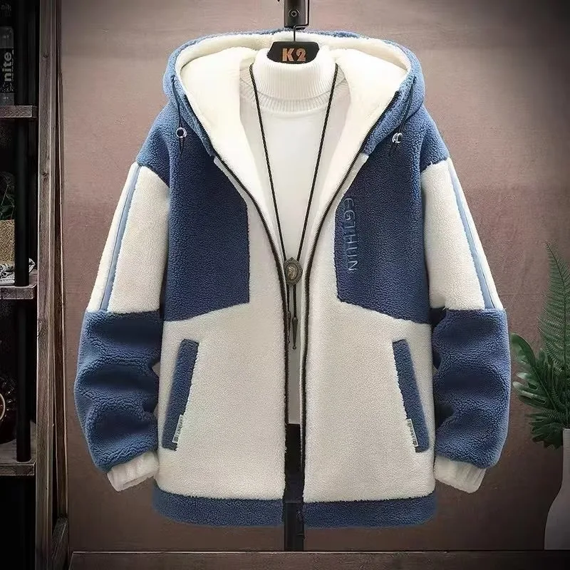 

Зимнее Мужское пальто из овечьей шерсти, свободная хлопковая куртка, модный подходящий цвет плюшевый кардиган с капюшоном, куртка большого размера 8XL