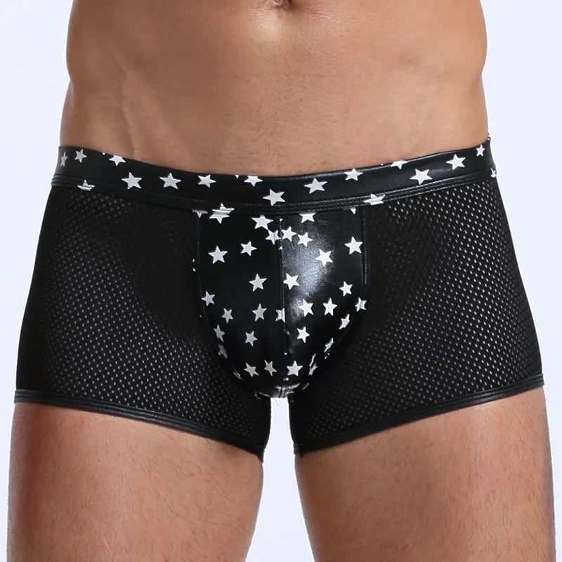 

Men's imitation leather mesh printed boxer shorts Sexy Gay G-Strings & Thongs Jockstrap cotton Men Mesh Underwear Penis pouch bu