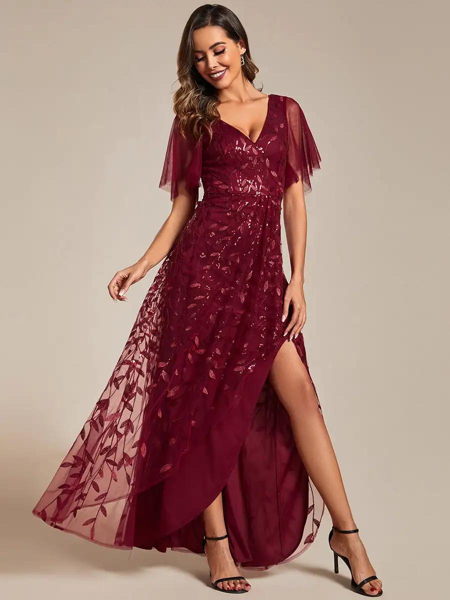 

Elegant Evening Dresses Short Sleeves Sequin High Low V-Neck Midi 2024 Ever pretty of Sequin A-line Burgundy Bridesmaid Dress