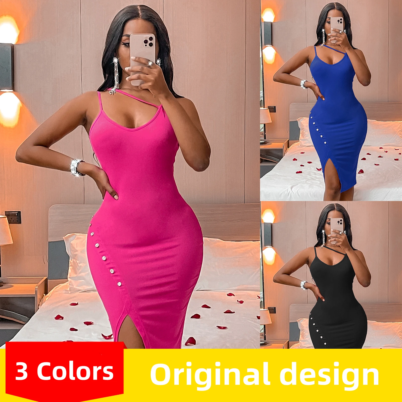 

New Women's Clothing Summer Slinky Suspenders Dress Lady Hollow Out Side Slit Slip Dresses Girl Maid Fashion Sexy Backless Skirt