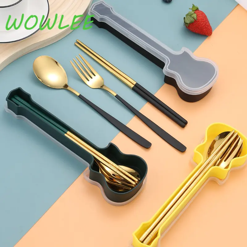 

3Pcs Cutlery Set Fork Spoon Chopsticks Dinnerware 304 Stainless Steel Children Adult Portable Travel Flatware Guitar Box