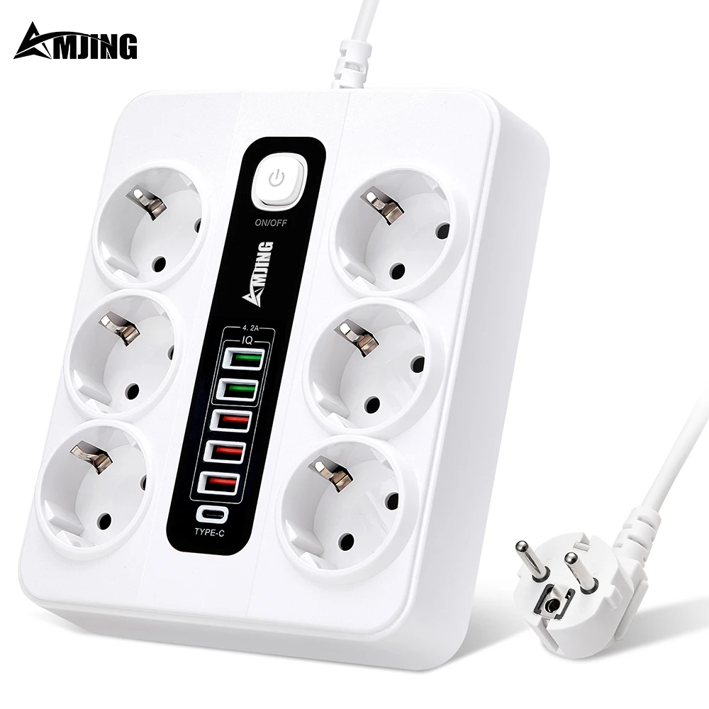 

Power Strip EU Plug European Standard Socket Surge Protector Charger 6 Outlets 2M Wire Extension Cable Line Board With Type c