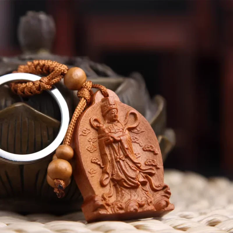 

Natural Mahogany Keychain Mazu Car Key Pendant Sea Goddess Safe Nanhai Guanyin Blessing Peace Everything Will Be Fine Jewelry