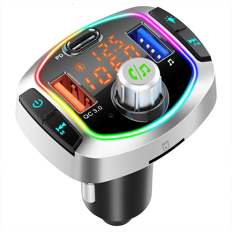 

1Pcs Car Charger Dual Screen Display Pd/qc3.0 Dual Port Fast Charging Car Bluetooth Adapter Mp3 Player Colorful Atmosphere Light