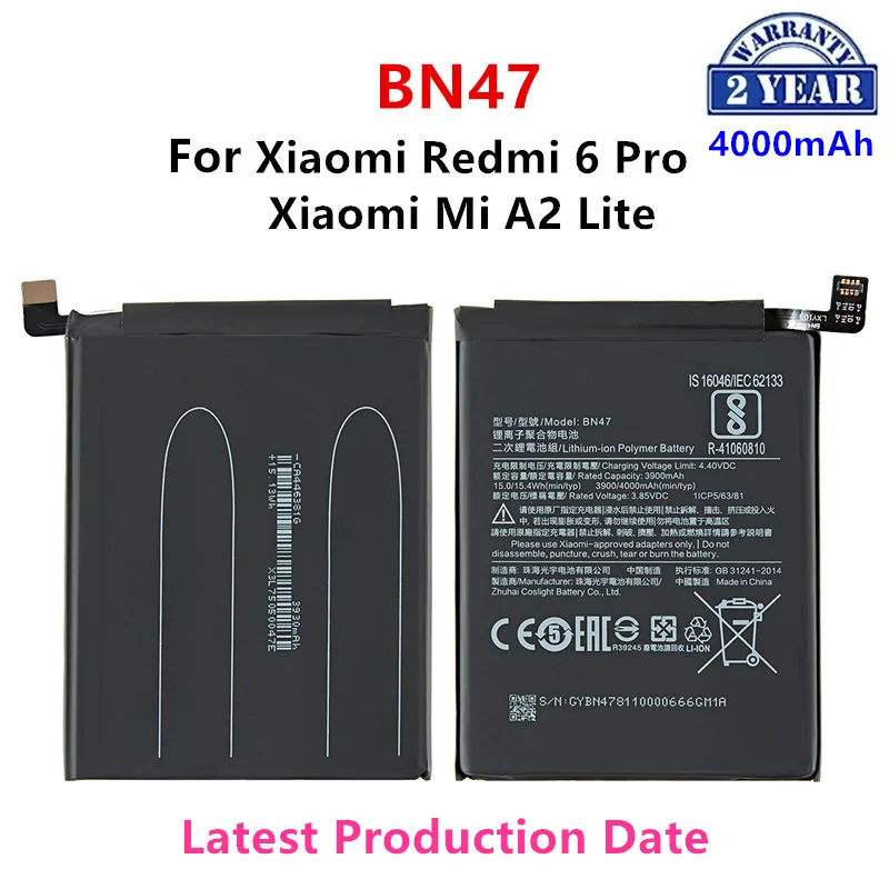 

100% Orginal BN47 4000mAh Battery For Xiaomi Mi A2 Lite/ Redmi 6 Pro BN47 High Quality Phone Replacement Batteries