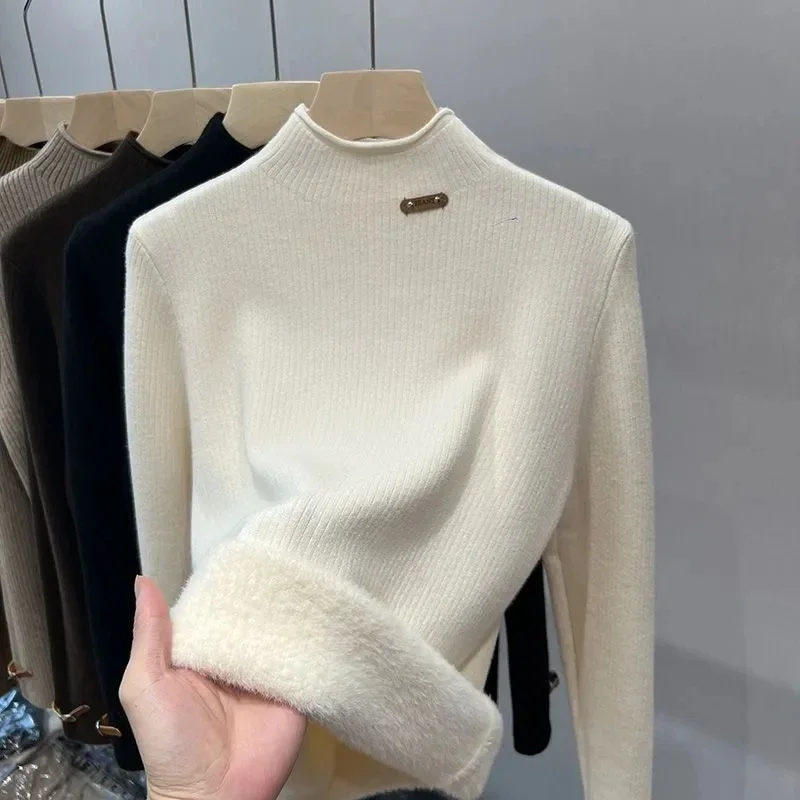Plush Warm Sweater for Women Solid Color Long Sleeve Half Turtleneck Knitwear Autumn and Winter Thickened Inner Velvet Pullover
Plush Warm Sweater for Women Solid Color Long Sleeve Half Turtleneck Knitwear Autumn and Winter Thickened Inner Velvet Pullover