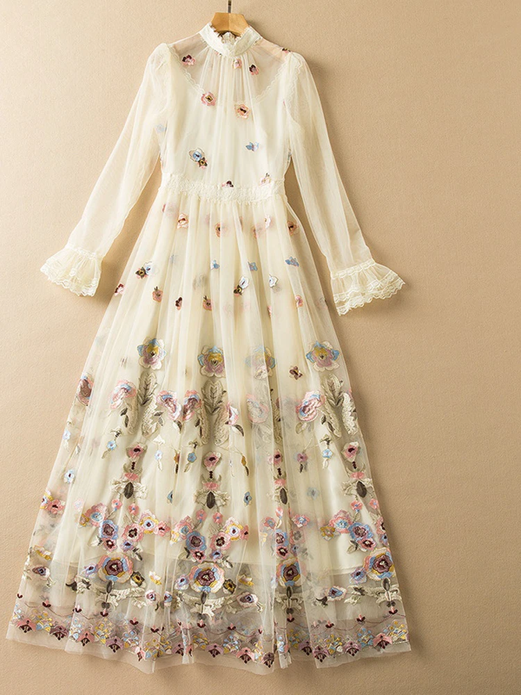 Fashion Designer Dress Spring Autumn Women's Dress Stand Collar Flare Sleeve Floral Embroidery Mesh Party Vintage Dress
Fashion Designer Dress Spring Autumn Women's Dress Stand Collar Flare Sleeve Floral Embroidery Mesh Party Vintage Dress