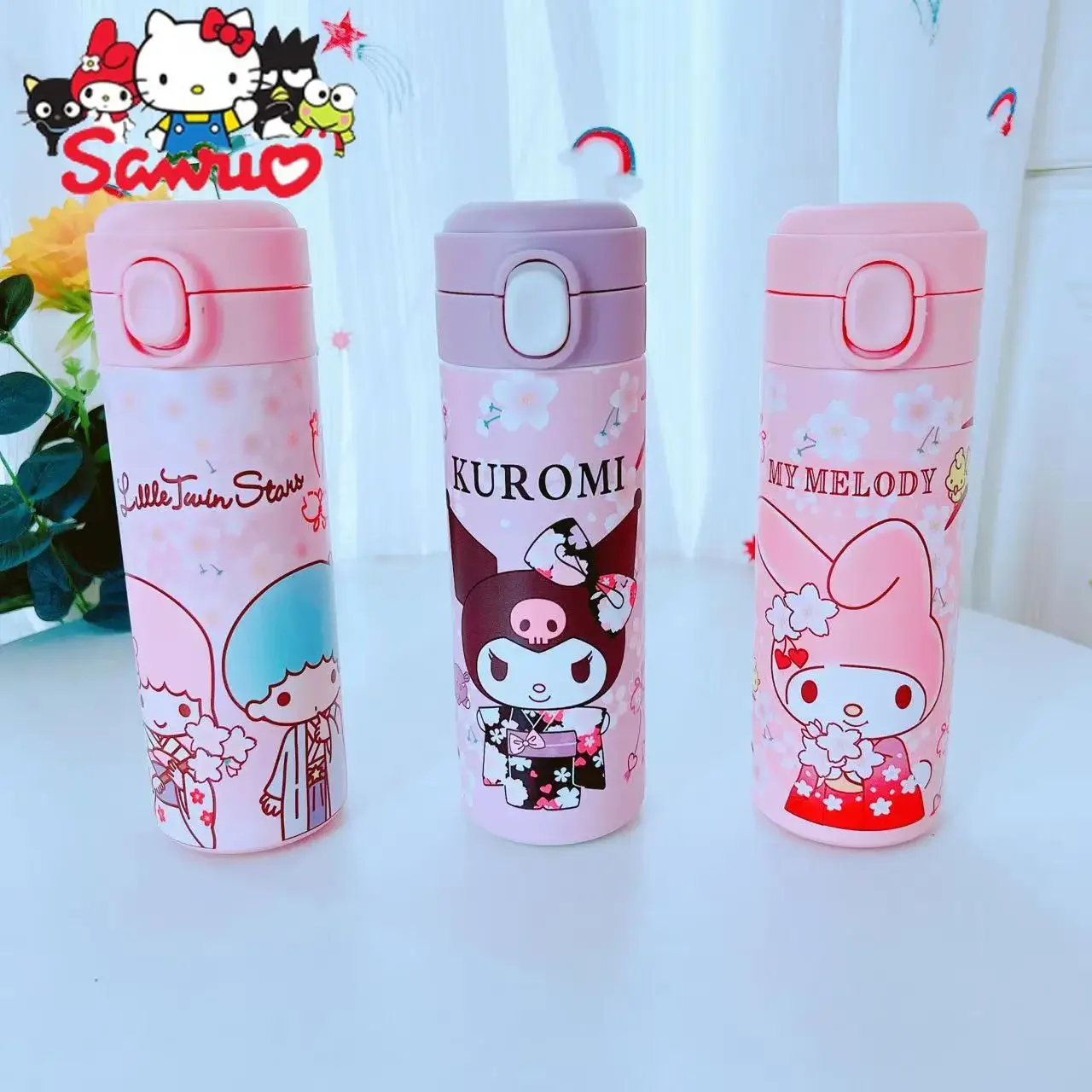 

Sanrio Melody Kuromi Hello Kitty Cinnamoroll Pochacco 304 stainless steel water bottle student portable thermos bouncing cup