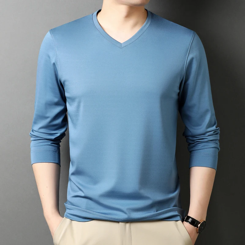 

Top Grade Men's Mulberry Silk Tops 2023 Spring Casual V-Neck Modal Cotton T shirts Long Sleeve Male Solid Smooth Silk Tee Shirt