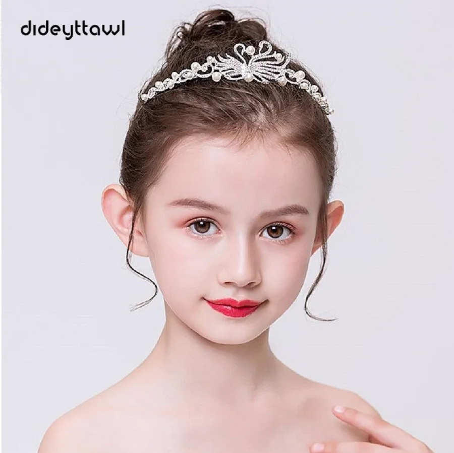 

Dideyttawl Girls Headwear Pearls Metal Rhineston Crown Kids Headband Princess Junior Bridesmaid Birthday Hair Accessories