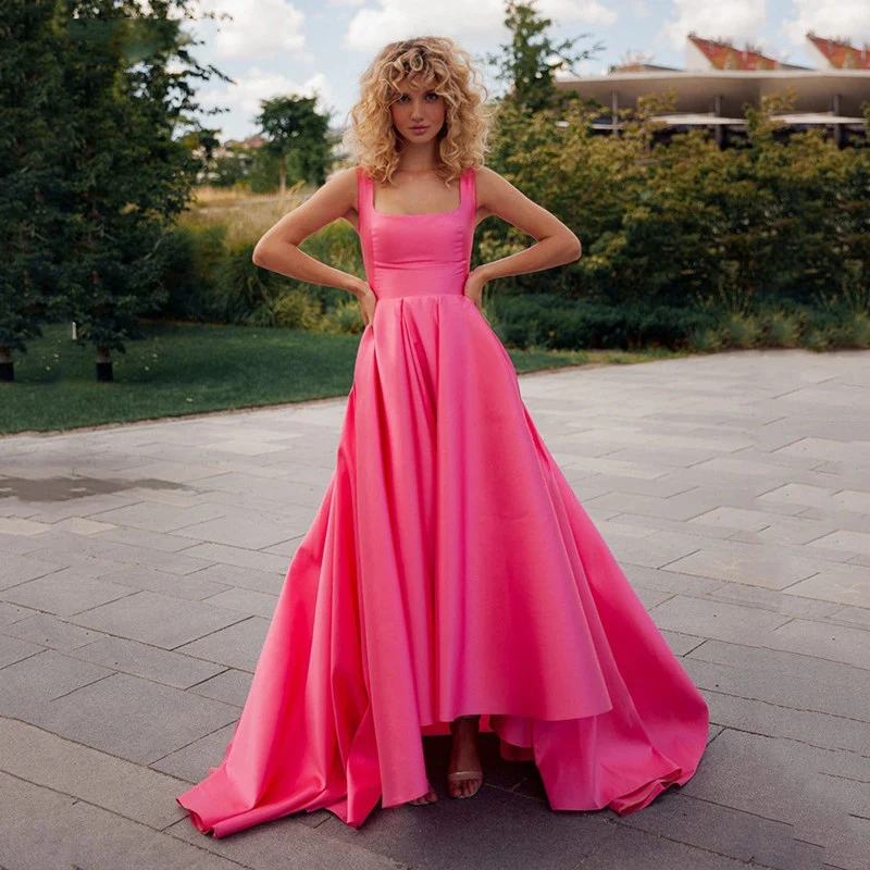 2023 Hot Pink Romantic A Line Evening Dresses Square Neck Prom Dress High Low Satin Saudi Arabia Straps Party Dress
2023 Hot Pink Romantic A Line Evening Dresses Square Neck Prom Dress High Low Satin Saudi Arabia Straps Party Dress