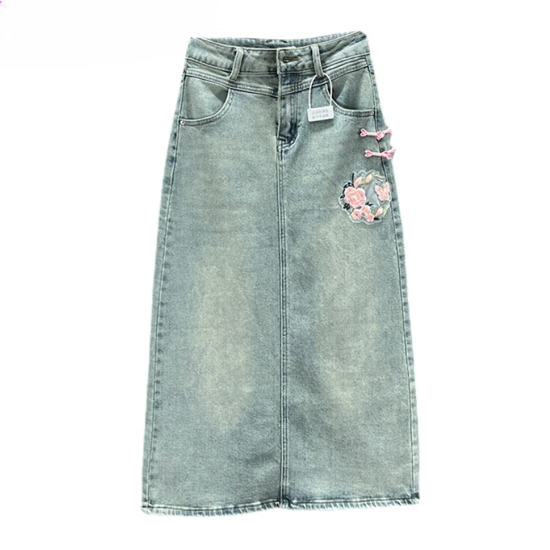 

Mid-Length Denim Skirt for Women 2024 New Spring High Waist Slim Slimming National Style Embroidered A- Line Skirts Faldas