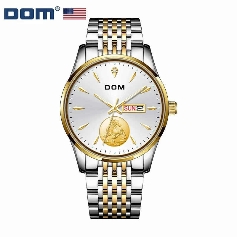 

DOM 1608 Men's Quartz Watch Luxury Fashion Golden Waterproof Pointer Date with Stainless Steel Wristwatches for Male Watches