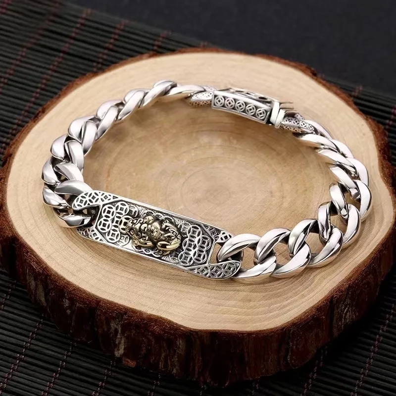 

S925 Silver Bracelet Men's Simple Whip Chain Money Brave Animal Hand Chain Personality Popular Men's Vintage Bangle