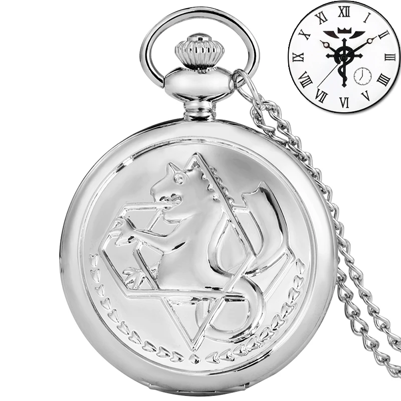 

Simple Fullmetal Alchemist Quartz Silver Pocket Watch Edward Elric Anime Clock Design Pendant Cosplay Fans Necklace Chain Gifts