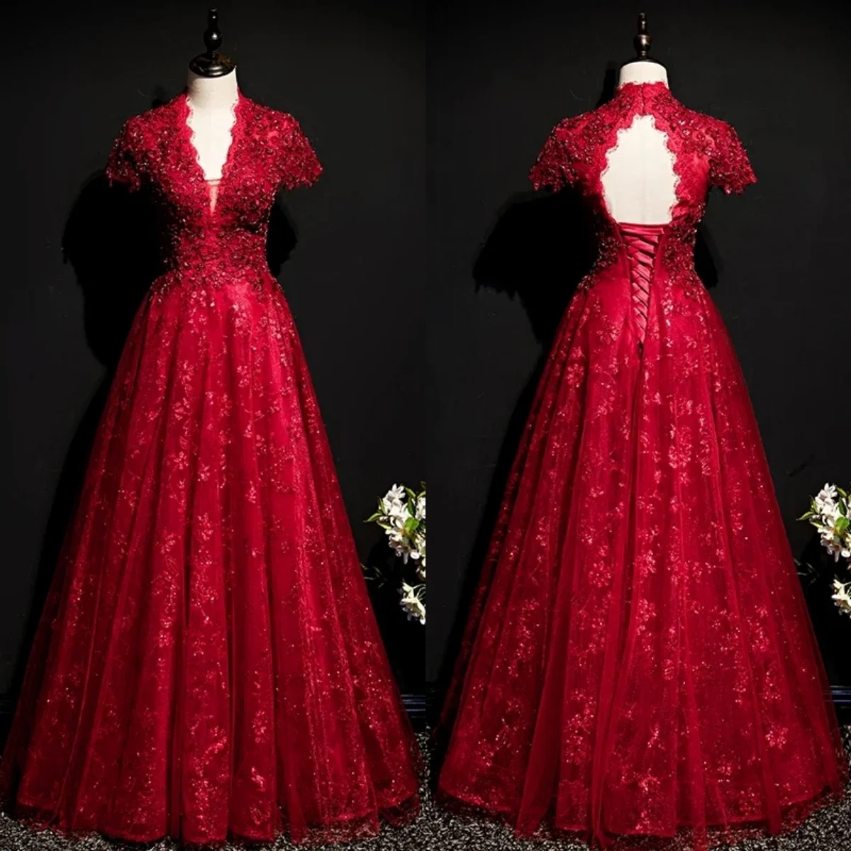 

Женское вечернее платье с коротким рукавом, бордовое кружевное платье с аппликацией и V-образным вырезом, а-силуэт, со шнуровкой, длиной до пола, большие размеры