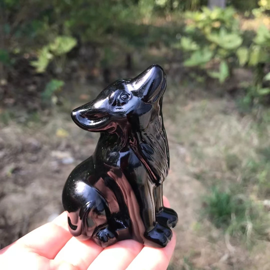 

8cm Wolf Statue Natural Obsidian Healing Stone Crystal Hand Carved Animal Figurine Reiki Quartz Crafts Home Decoration