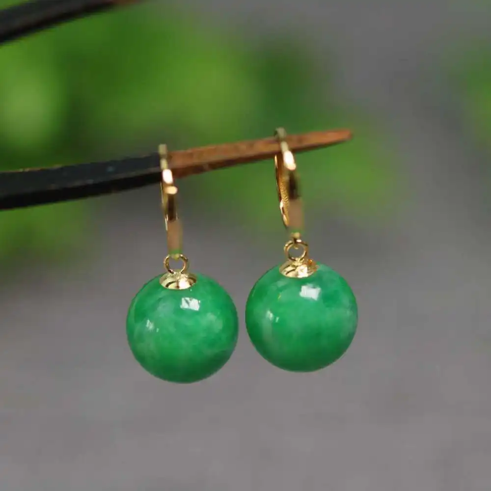 

10mm Natural Jadeite Jade Beads Earrings 18k Hook Eardrop VALENTINE'S DAY Diy Thanksgiving New Year Easter Party Cultured