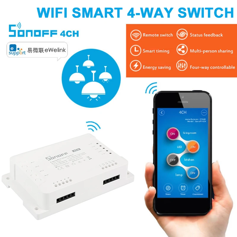 

Sonoff 4CHR3 4 Gang Wifi Light Smart Switch, 4 Channels Electronic Switch IOS Android App Control, Works With Alexa Google Home