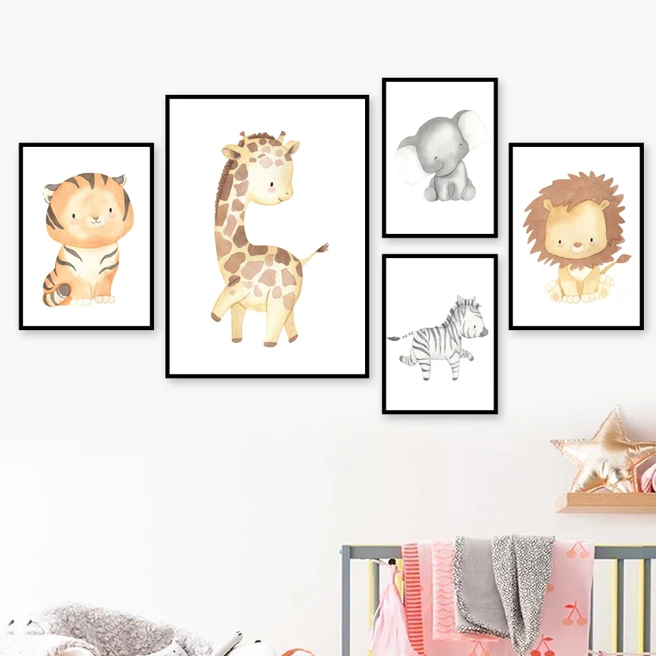 

Настенная картина для детской комнаты, жираф, слон, лев, Зебра, тигр, постеры и принты на холсте в скандинавском стиле, настенные картины, декор для детской комнаты