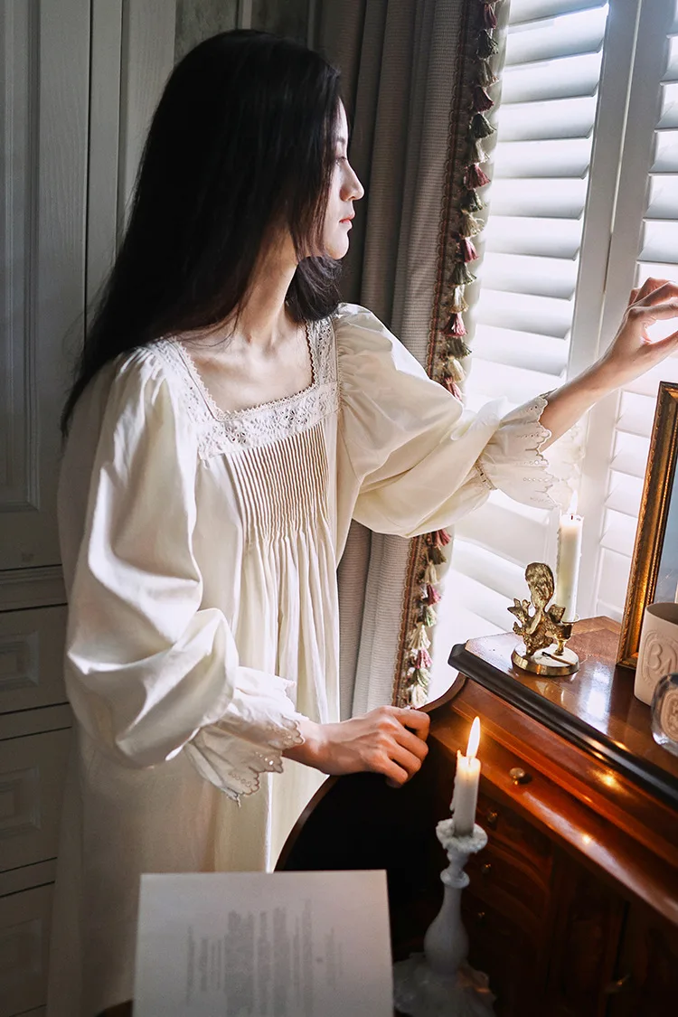 Vintage Soft Cotton Beige Long Nightgowns For Women Long Sleeve Elegant Nightshirts Comfortable Loose Sweet Night Dress 4 S168c1c59aec8425587a654e92a825e65d