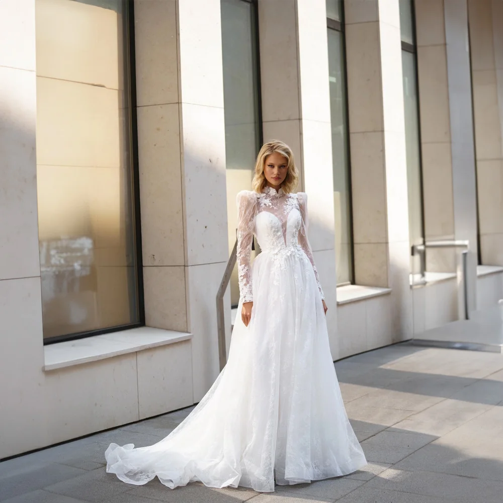 

Modest High Neck Applique Lace Wedding Dress for Women Tulle A-line Long Illusion Sleeve Court Wedding Gown robe de mariée