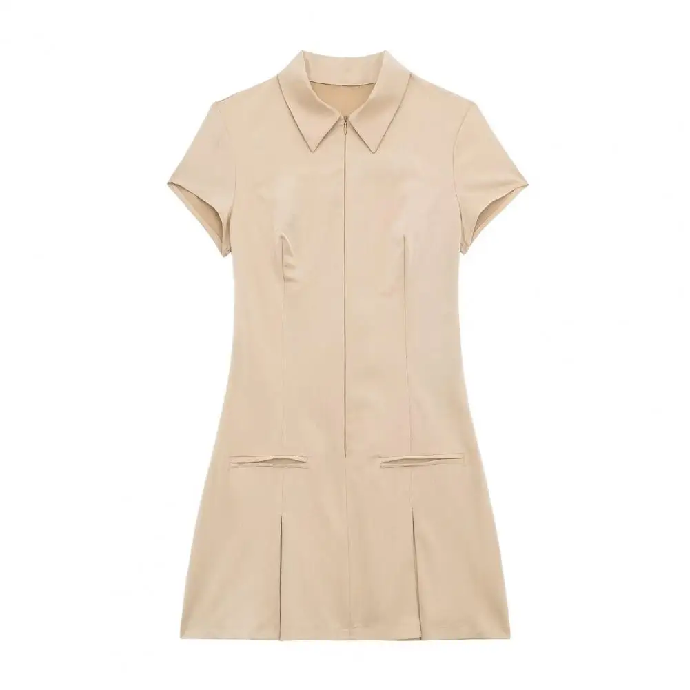 

Women Commute Dress Elegant Pleated Mini Dress for Women Chic Ol Commute Style Short Sleeve Dress with Zipper Closure Turn-down